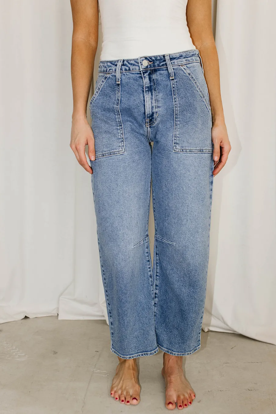 New Worth Collective Ayla Utility Barrel Jean in Medium Wash Denim