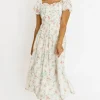 Clearance Worth Collective Azalea Ruched Puff Sleeve Midi Dress in Ivory Floral