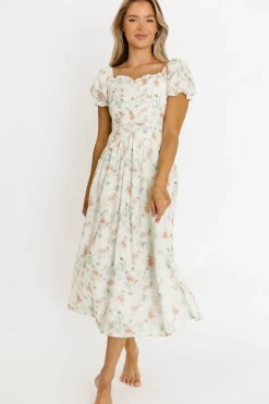 Clearance Worth Collective Azalea Ruched Puff Sleeve Midi Dress in Ivory Floral