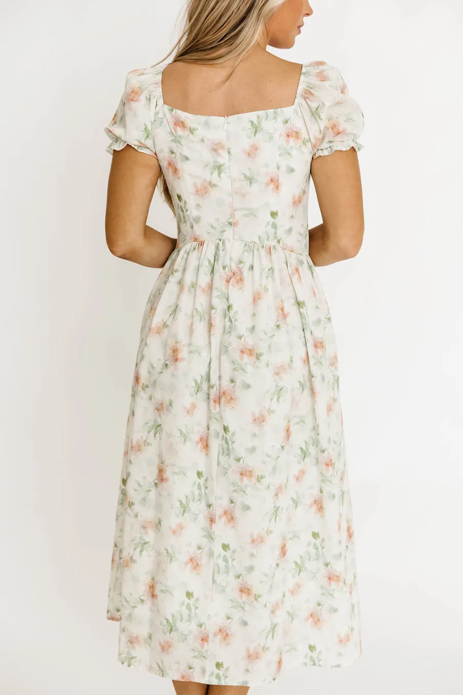Clearance Worth Collective Azalea Ruched Puff Sleeve Midi Dress in Ivory Floral