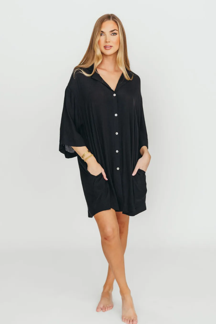 Discount Worth Collective Azari Oversized Button Down Shirt in Black - Nursing Friendly