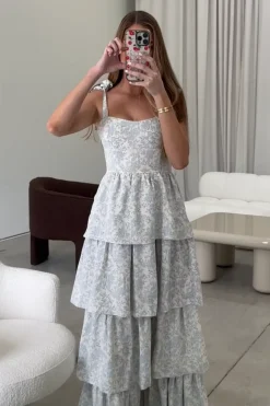 Outlet Worth Collective Bailey Ruffle Tiered Maxi Dress in Blue Floral