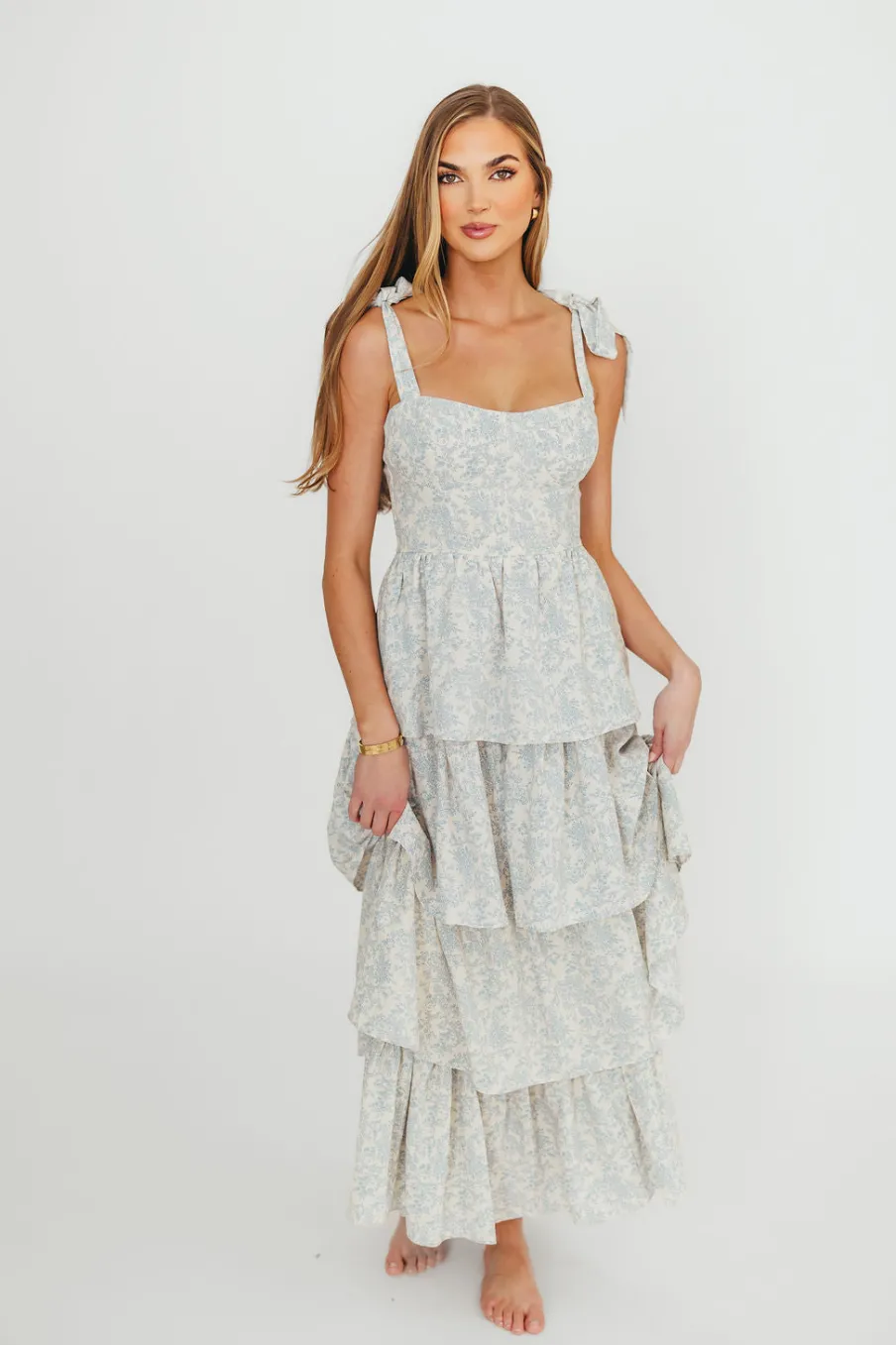 Outlet Worth Collective Bailey Ruffle Tiered Maxi Dress in Blue Floral