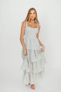 Outlet Worth Collective Bailey Ruffle Tiered Maxi Dress in Blue Floral
