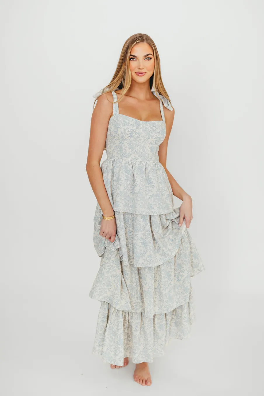 Outlet Worth Collective Bailey Ruffle Tiered Maxi Dress in Blue Floral