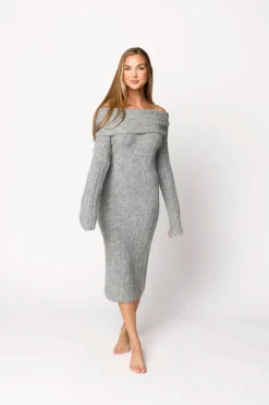 New Worth Collective Beth Off-the-Shoulder Sweater Midi Dress in Heather Grey