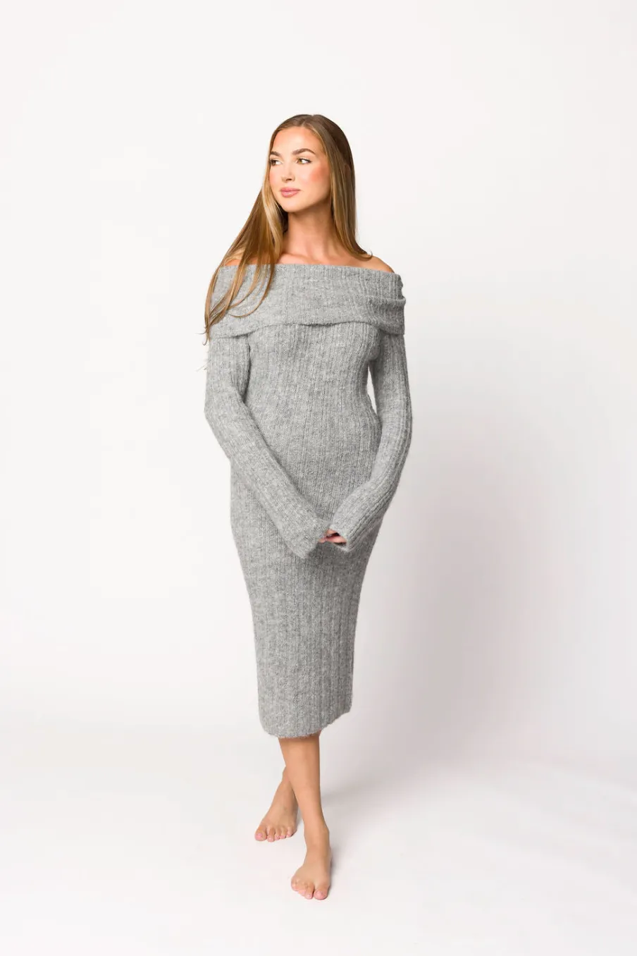 New Worth Collective Beth Off-the-Shoulder Sweater Midi Dress in Heather Grey