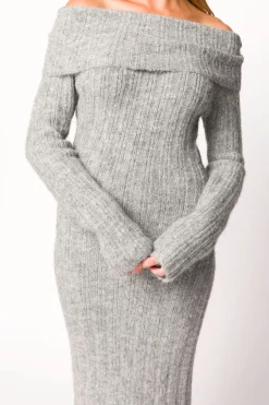 New Worth Collective Beth Off-the-Shoulder Sweater Midi Dress in Heather Grey