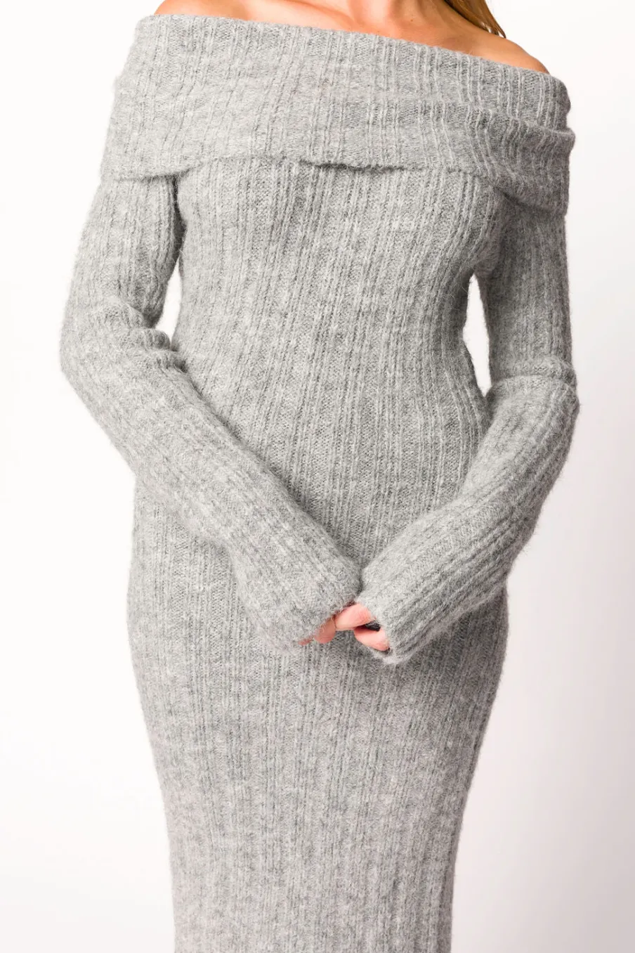 New Worth Collective Beth Off-the-Shoulder Sweater Midi Dress in Heather Grey