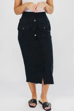 Discount Worth Collective Better Days Button-Down Midi Cargo Skirt in Black