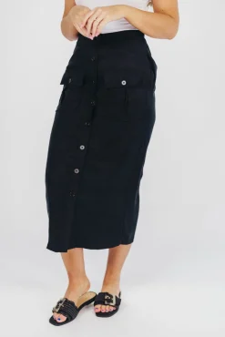 Discount Worth Collective Better Days Button-Down Midi Cargo Skirt in Black