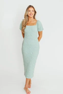 Online Worth Collective Blakeley Textured Midi Dress in Seafoam- Bump Friendly