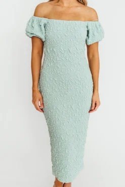 Online Worth Collective Blakeley Textured Midi Dress in Seafoam- Bump Friendly