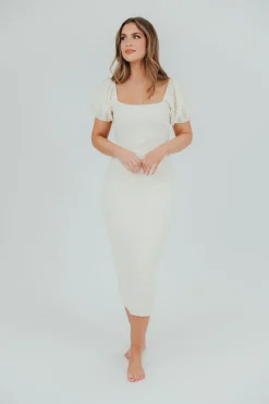 New Worth Collective Blakeley Textured Midi Dress in Ivory- Bump Friendly & Inclusive Sizin