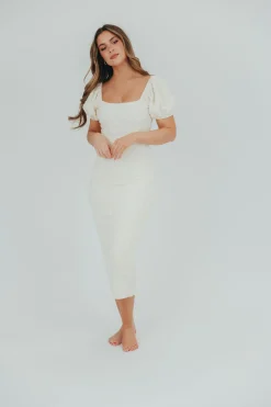 New Worth Collective Blakeley Textured Midi Dress in Ivory- Bump Friendly & Inclusive Sizin