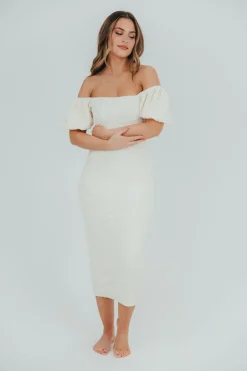 New Worth Collective Blakeley Textured Midi Dress in Ivory- Bump Friendly & Inclusive Sizin
