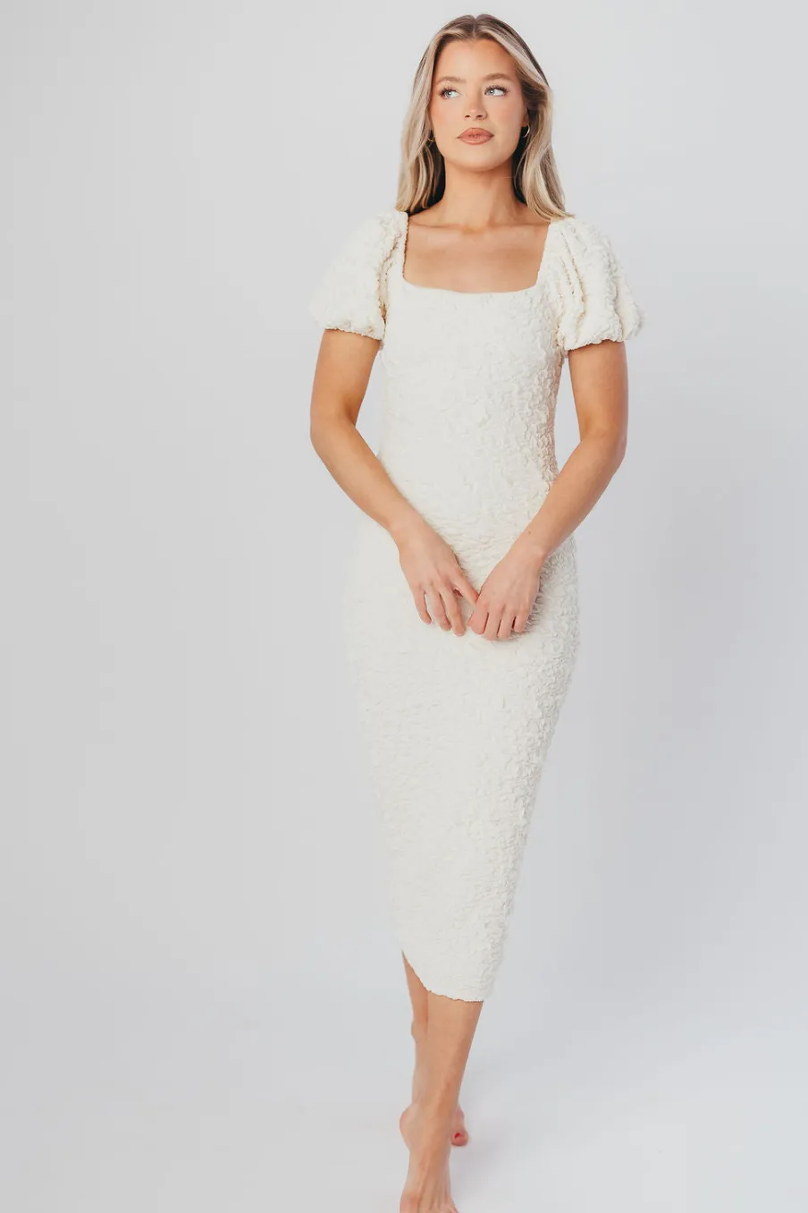 New Worth Collective Blakeley Textured Midi Dress in Ivory- Bump Friendly & Inclusive Sizin
