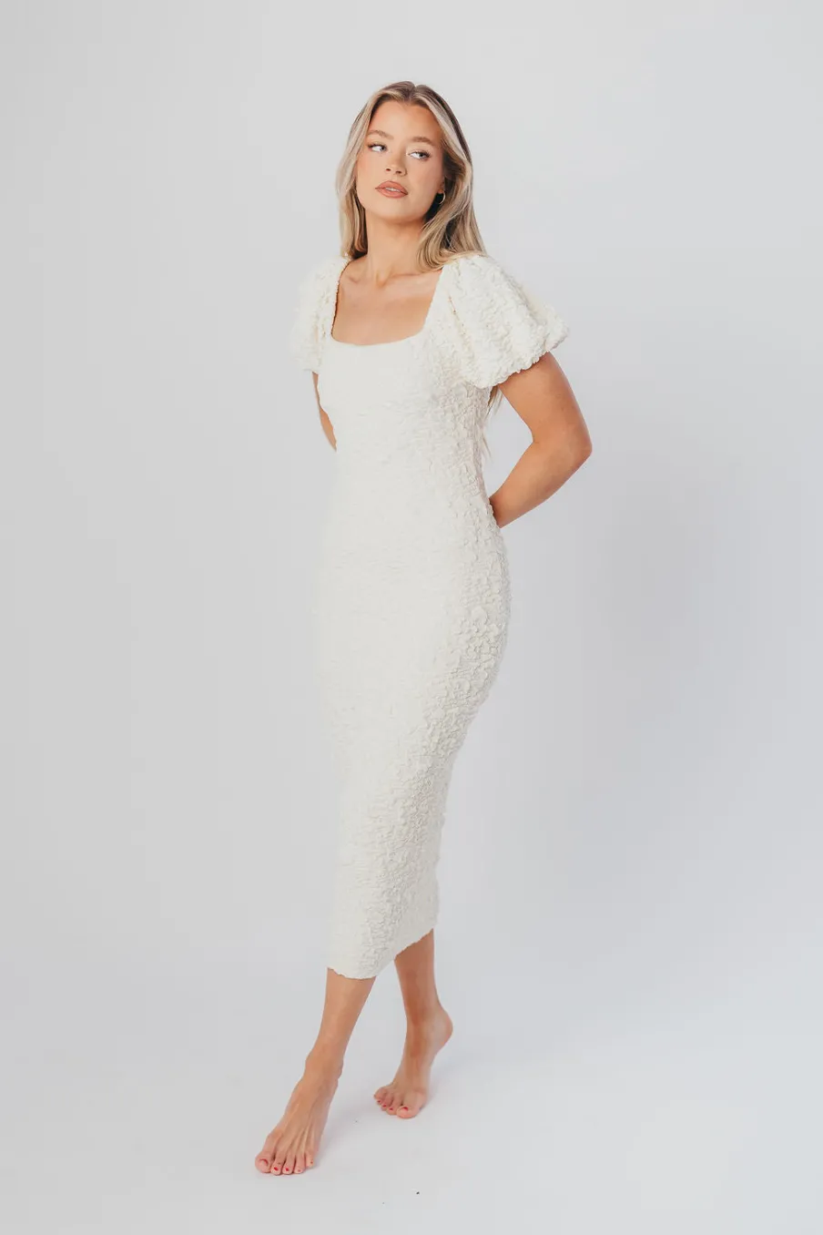 New Worth Collective Blakeley Textured Midi Dress in Ivory- Bump Friendly & Inclusive Sizin