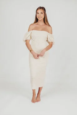 New Worth Collective Blakeley Textured Midi Dress in Ivory- Bump Friendly & Inclusive Sizin