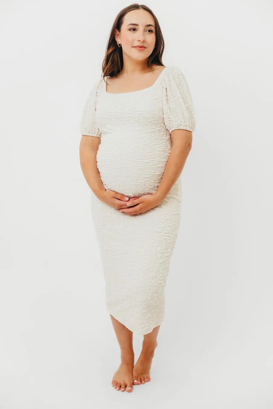 New Worth Collective Blakeley Textured Midi Dress in Ivory- Bump Friendly & Inclusive Sizin