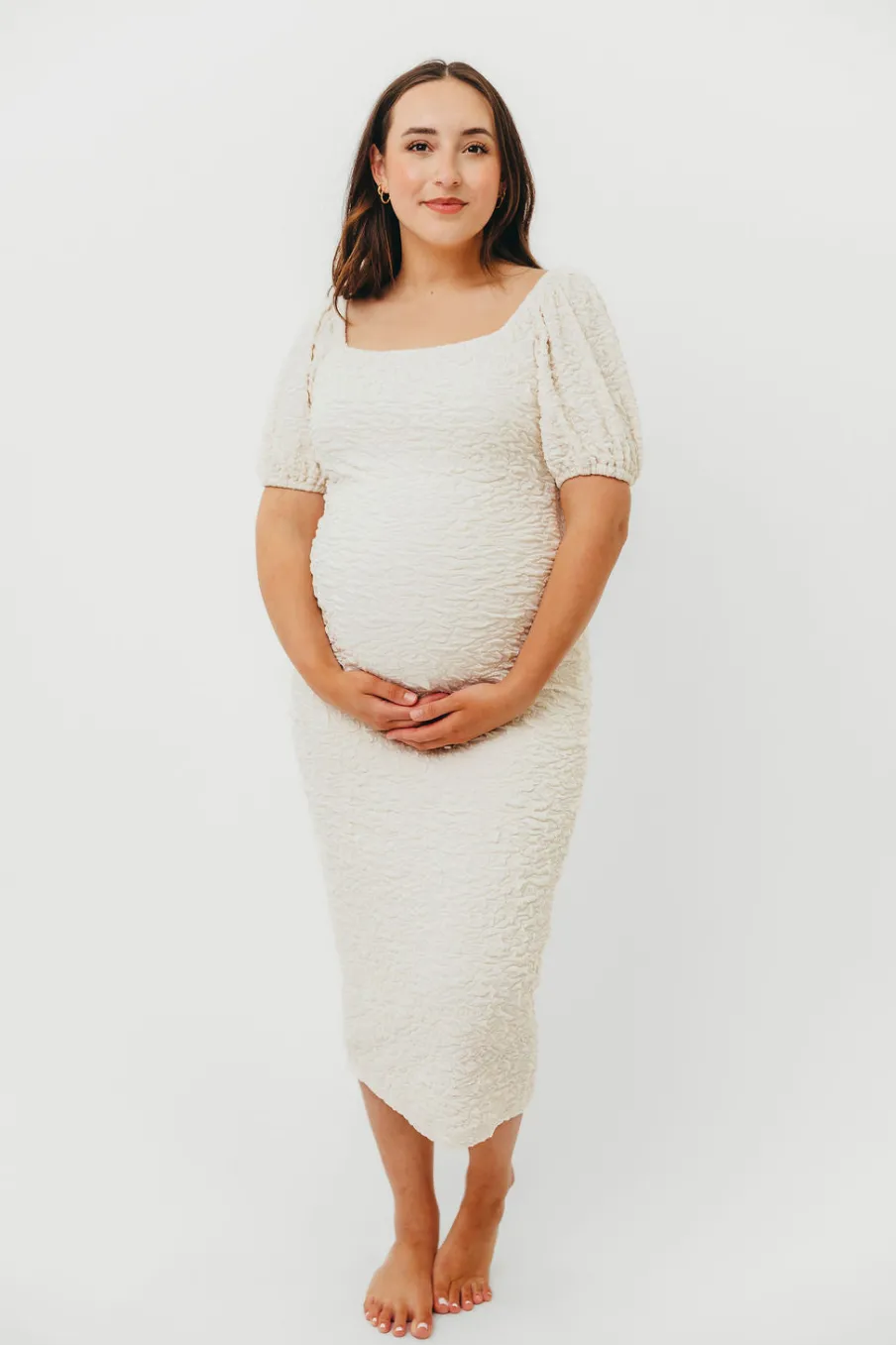 New Worth Collective Blakeley Textured Midi Dress in Ivory- Bump Friendly & Inclusive Sizin