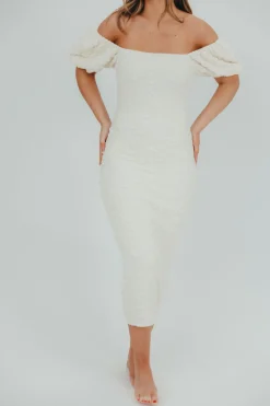 New Worth Collective Blakeley Textured Midi Dress in Ivory- Bump Friendly & Inclusive Sizin