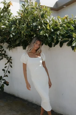 New Worth Collective Blakeley Textured Midi Dress in Ivory- Bump Friendly & Inclusive Sizin