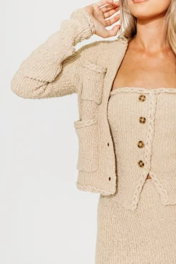 Fashion Worth Collective Bree Braided-Trim Cardigan with Pockets in Beige