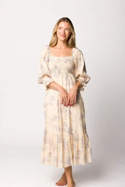 Sale Worth Collective Bria Smocked Midi Dress with Puffed Long Sleeves in Ecru - Bump Friend