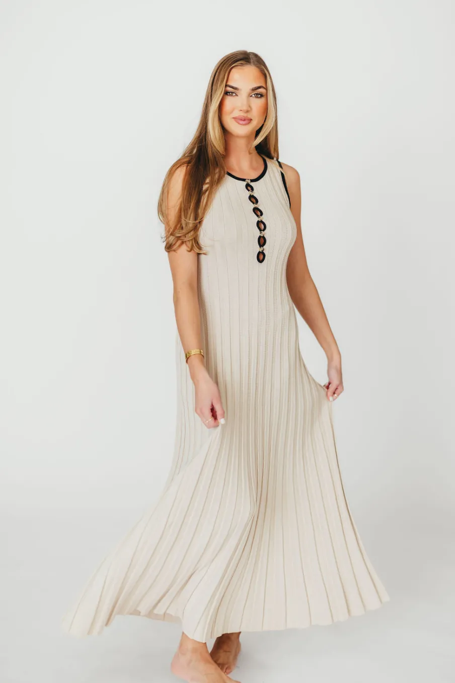 Sale Worth Collective Brianne Button Down Ribbed Knit Maxi Dress in Taupe/Black