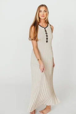 Sale Worth Collective Brianne Button Down Ribbed Knit Maxi Dress in Taupe/Black