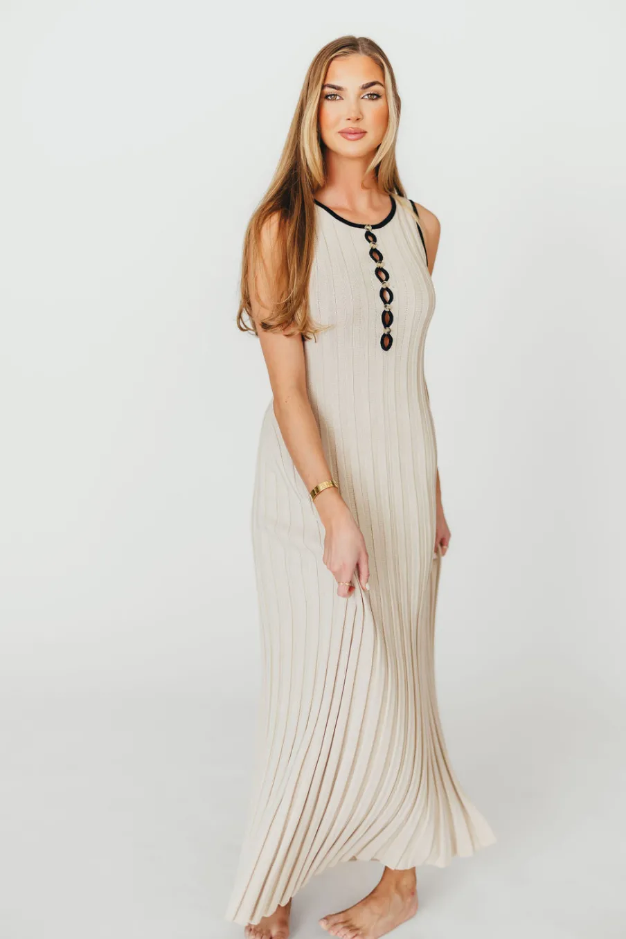 Sale Worth Collective Brianne Button Down Ribbed Knit Maxi Dress in Taupe/Black