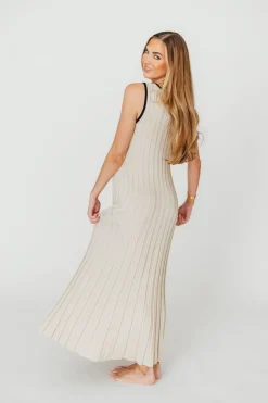 Sale Worth Collective Brianne Button Down Ribbed Knit Maxi Dress in Taupe/Black