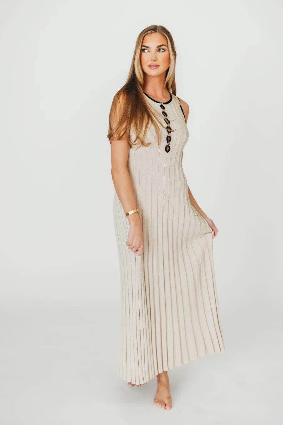 Sale Worth Collective Brianne Button Down Ribbed Knit Maxi Dress in Taupe/Black