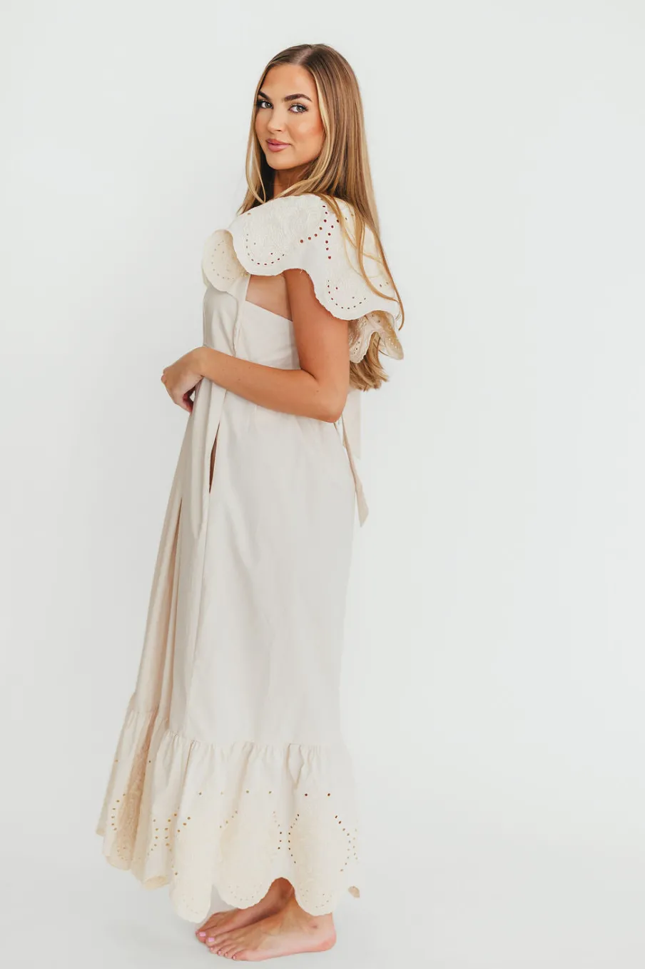 Hot Worth Collective Brooklyn 100% Cotton Eyelet Detail Maxi Dress in Natural
