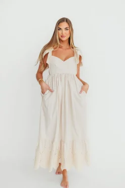 Hot Worth Collective Brooklyn 100% Cotton Eyelet Detail Maxi Dress in Natural