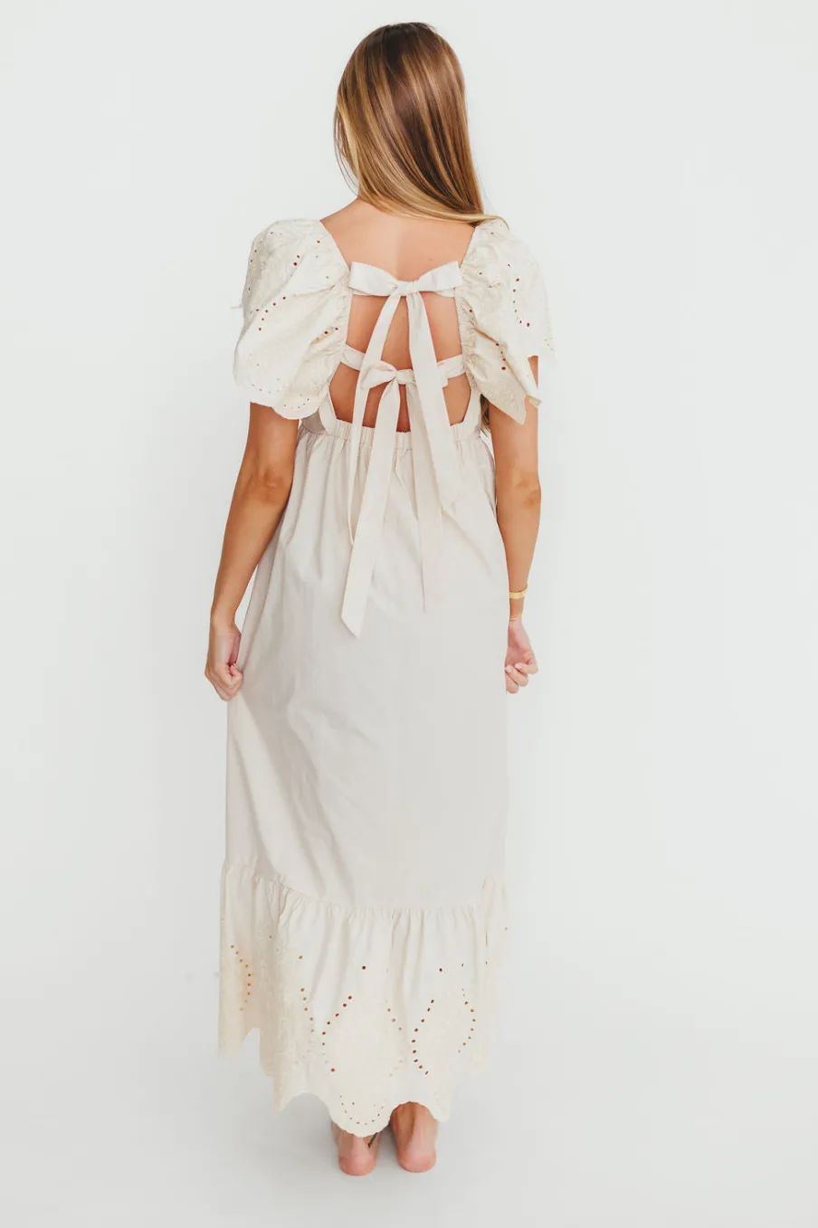 Hot Worth Collective Brooklyn 100% Cotton Eyelet Detail Maxi Dress in Natural