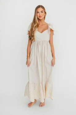 Hot Worth Collective Brooklyn 100% Cotton Eyelet Detail Maxi Dress in Natural