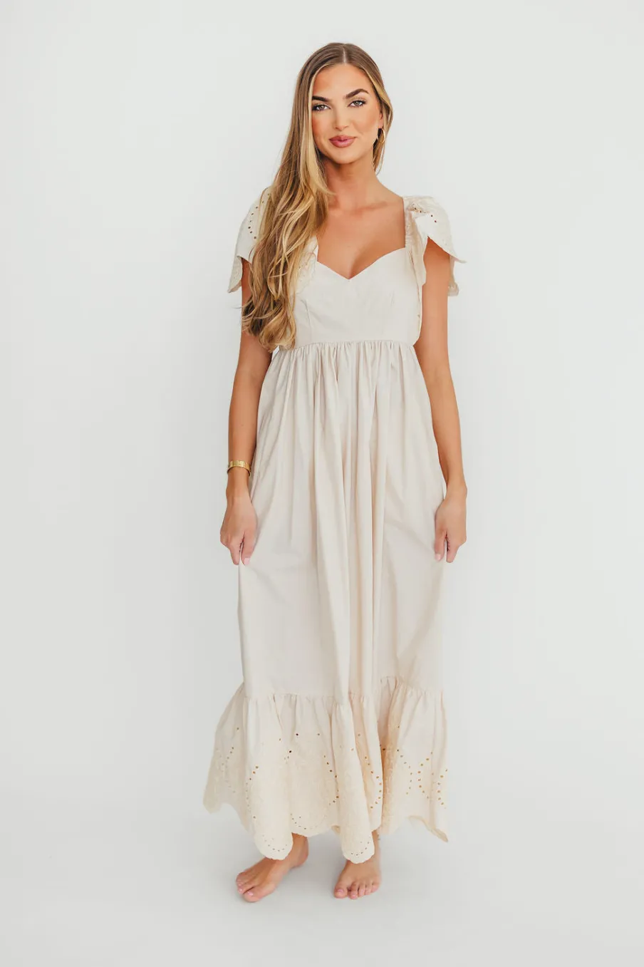 Hot Worth Collective Brooklyn 100% Cotton Eyelet Detail Maxi Dress in Natural