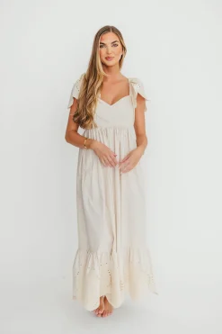 Hot Worth Collective Brooklyn 100% Cotton Eyelet Detail Maxi Dress in Natural