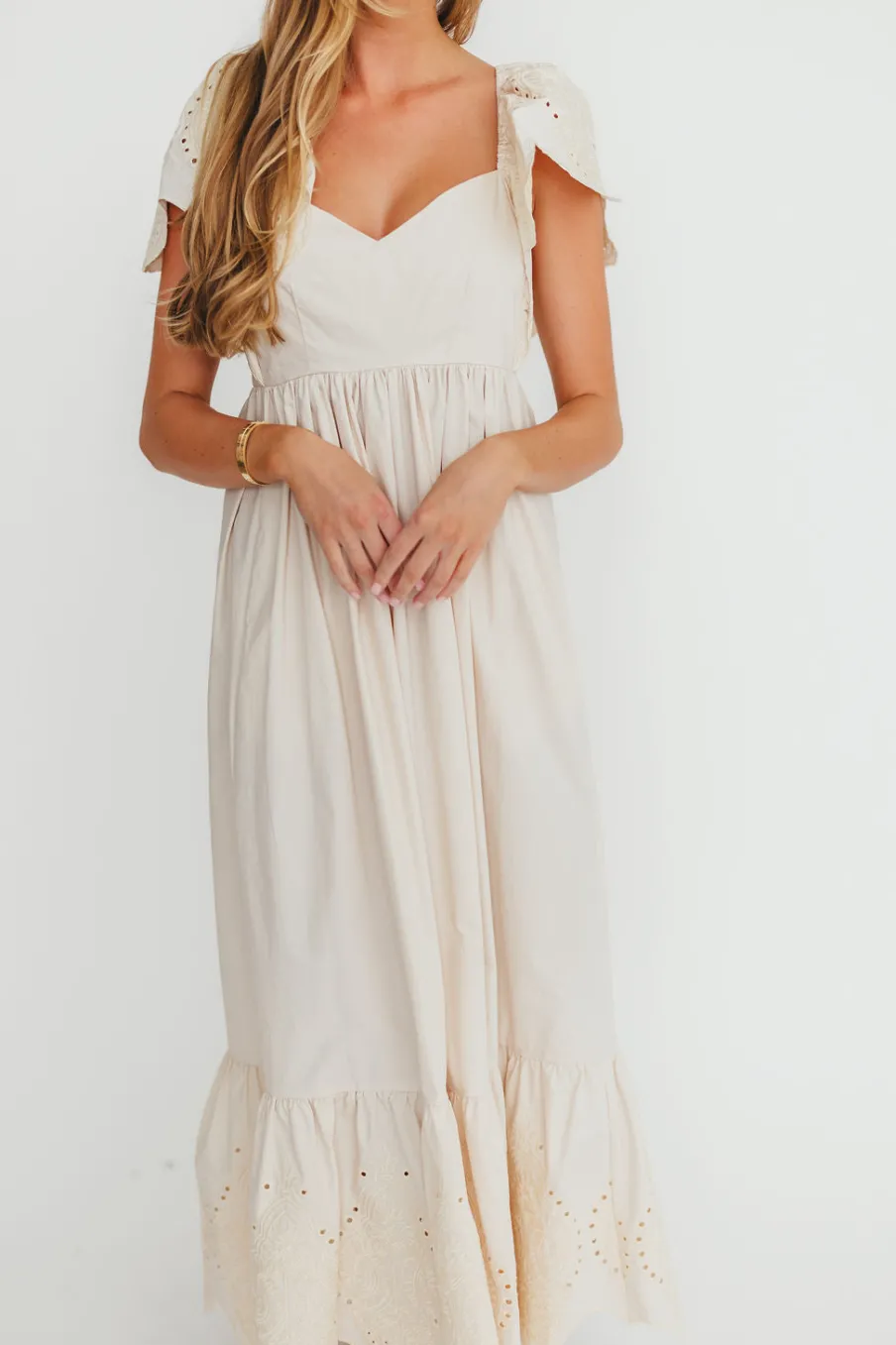 Hot Worth Collective Brooklyn 100% Cotton Eyelet Detail Maxi Dress in Natural