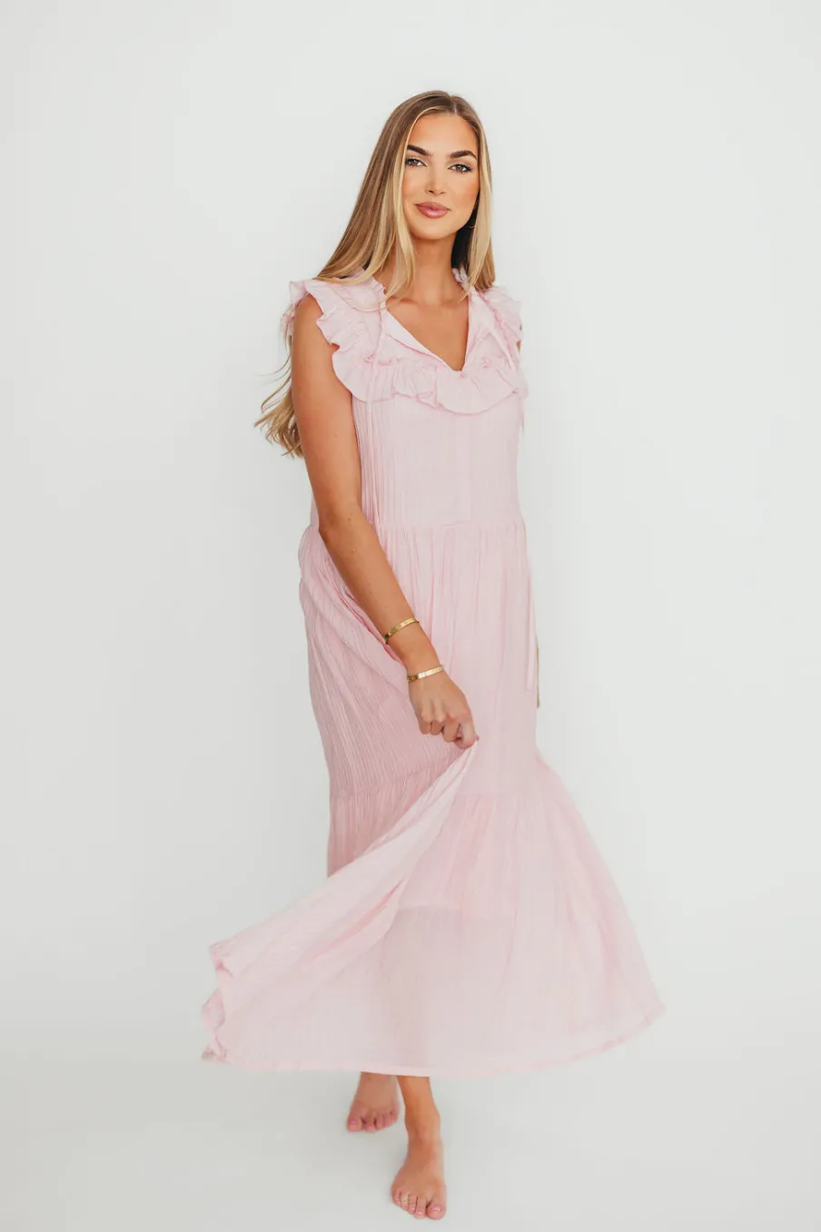 Fashion Worth Collective Brynn Ruffle Tiered Midi Dress in Pink
