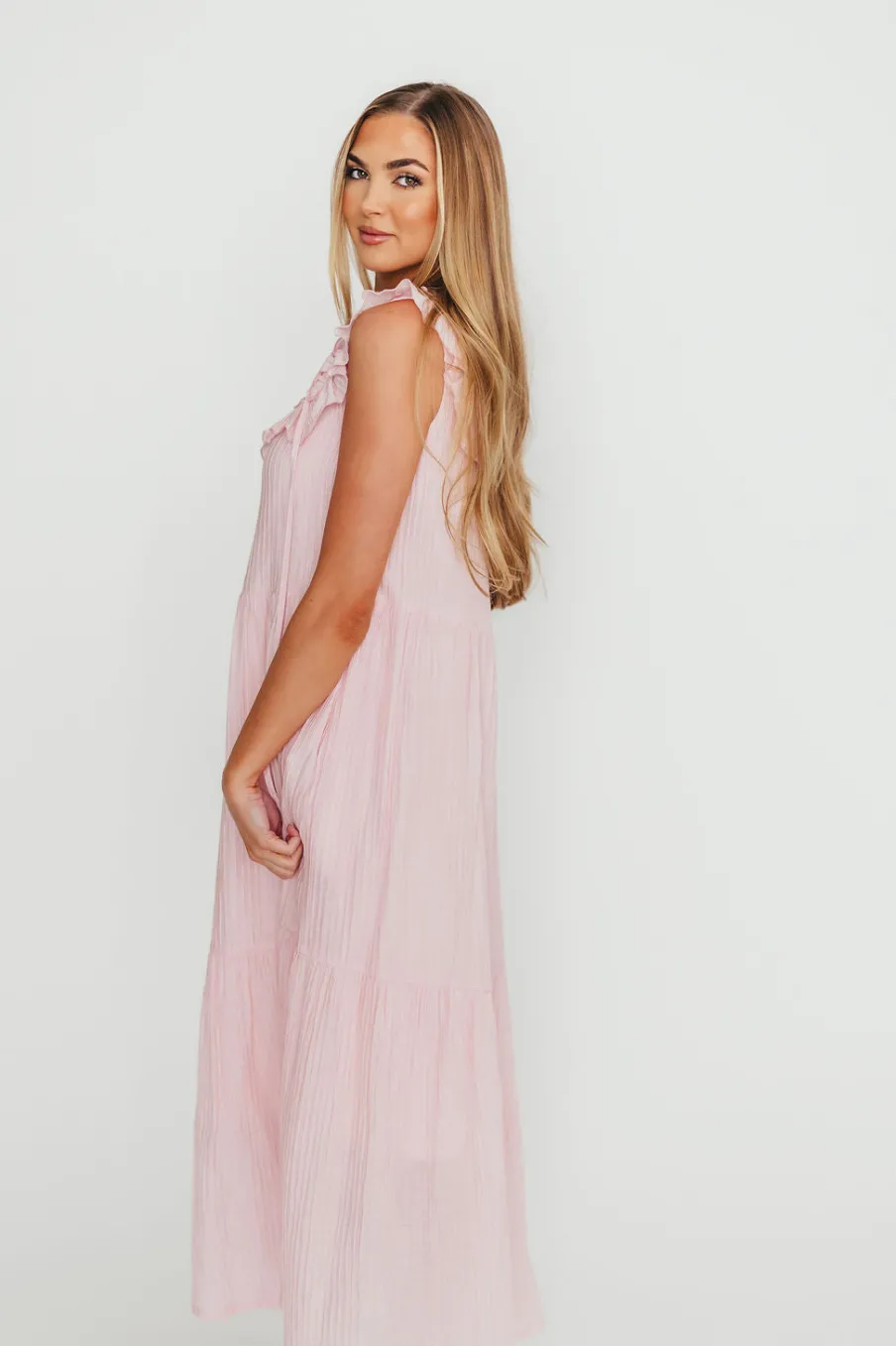 Fashion Worth Collective Brynn Ruffle Tiered Midi Dress in Pink