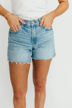 Online Worth Collective Callie Longer Length Shorts in Light Denim