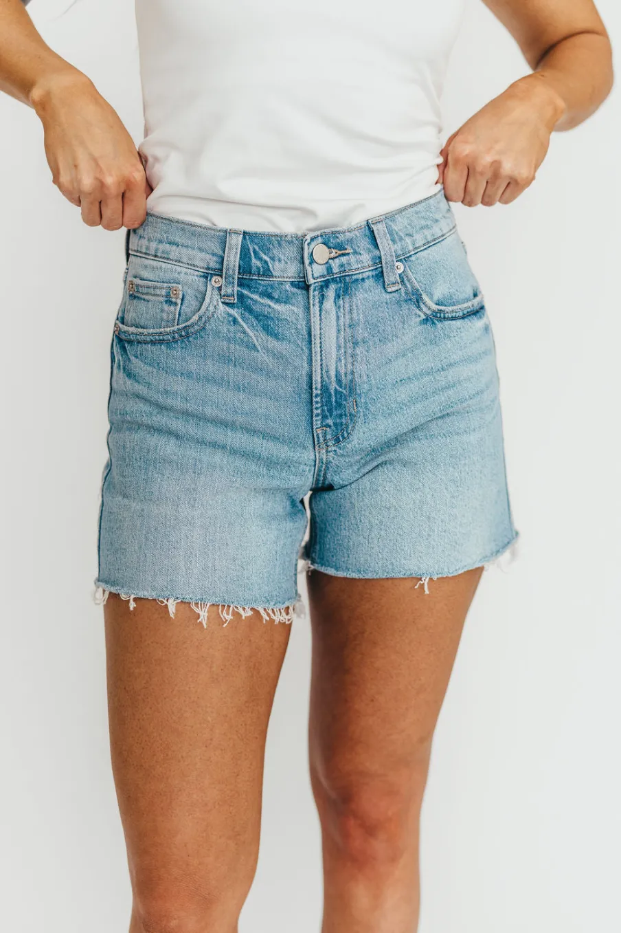 Online Worth Collective Callie Longer Length Shorts in Light Denim