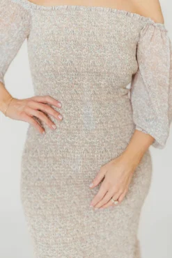 Sale Worth Collective Cameron Stretchy Midi Dress with Ruffles in Beige/Blue