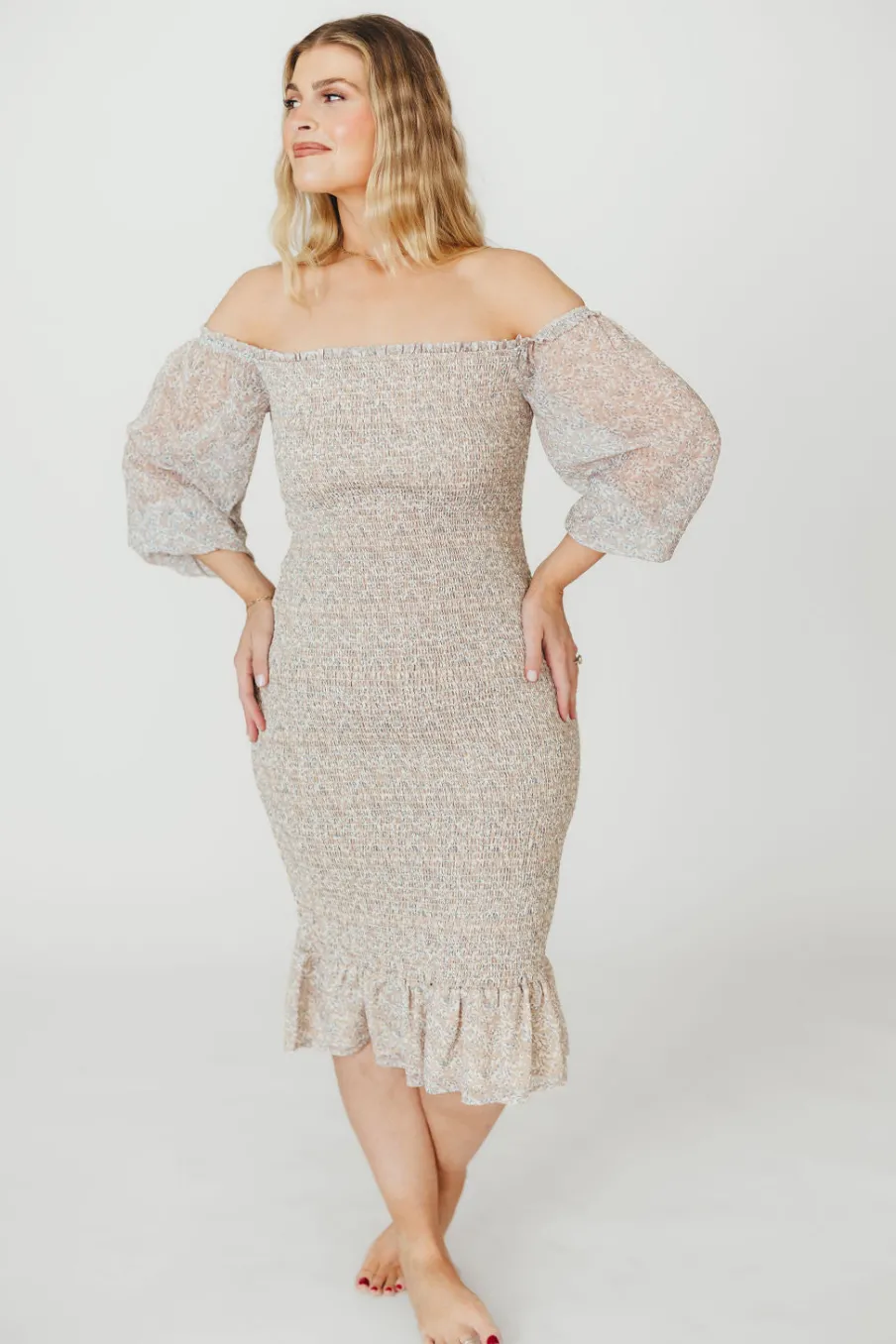 Sale Worth Collective Cameron Stretchy Midi Dress with Ruffles in Beige/Blue