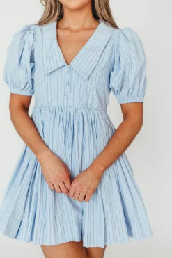 Clearance Worth Collective Camilla Pinstripe Collared V-Neck Mini Dress in Blue