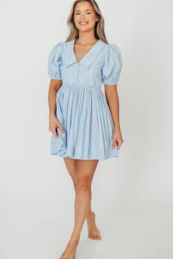 Clearance Worth Collective Camilla Pinstripe Collared V-Neck Mini Dress in Blue