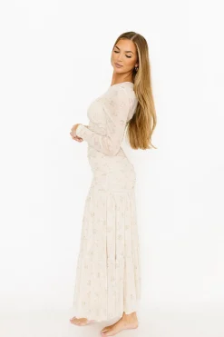 Online Worth Collective Camille Mesh Gathered Side Seam Maxi Dress in Nude Multi Floral - Bump